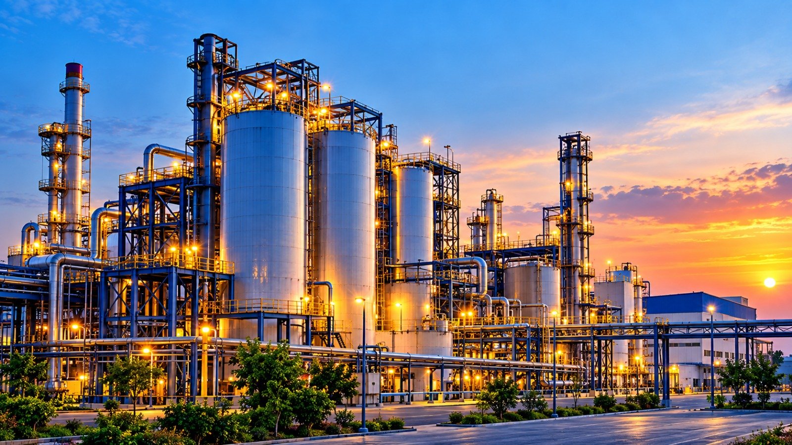 Chemical processing plant at sunset
