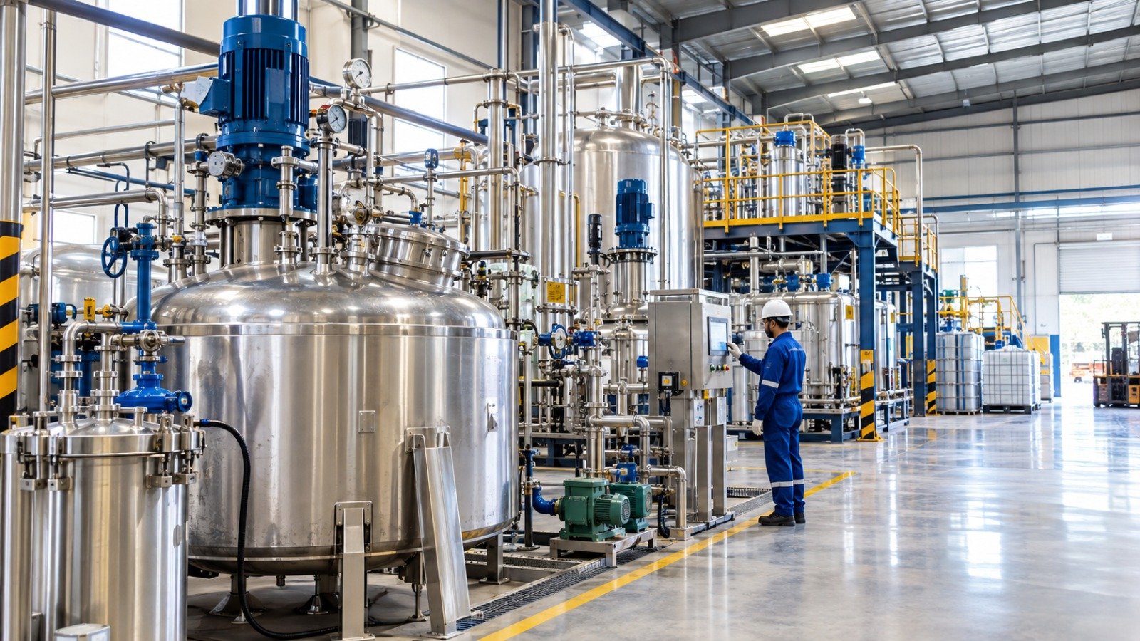 Stainless-steel reactors and process equipment inside a chemical plant